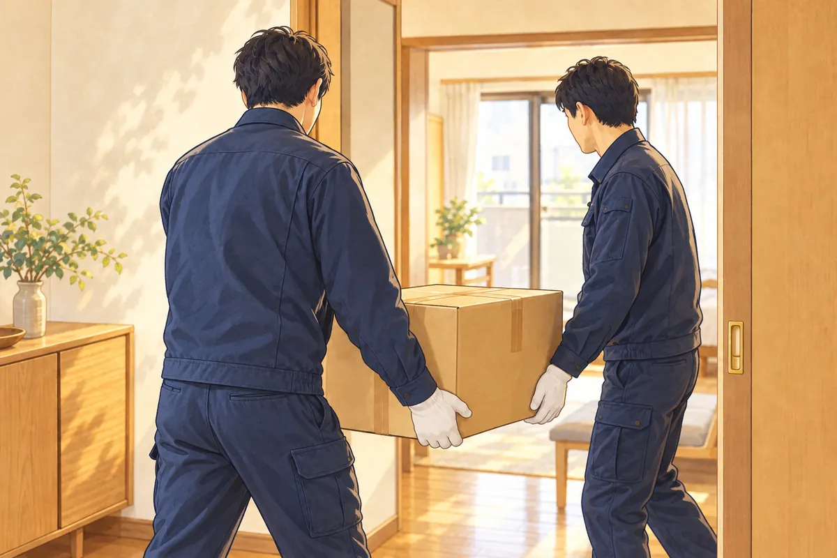 二人の作業員が協力して箱を室内から運び出すイラスト